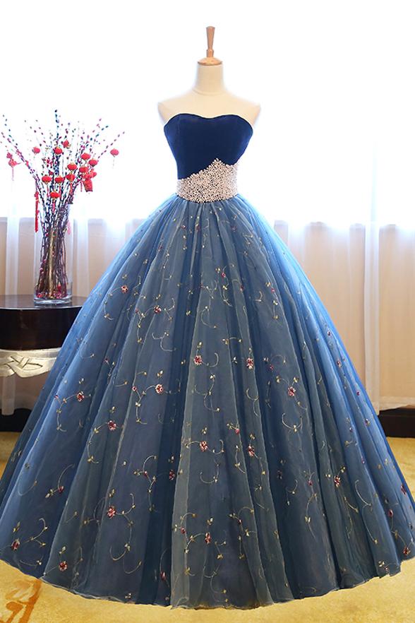 Ball Gown Strapless Embroidery Pearl Dark Blue Prom Dresses Formal Evening Quinceanera Dress ,pl0389