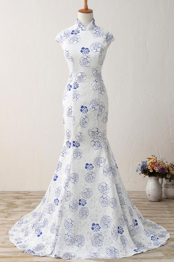 High Neck Printing Flowers Mermaid White Prom Dresses Evening Formal Dress,pl0400