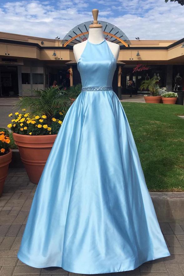 A Line Light Blue Satin Halter Long Prom Dresses Evening Gown Formal ...