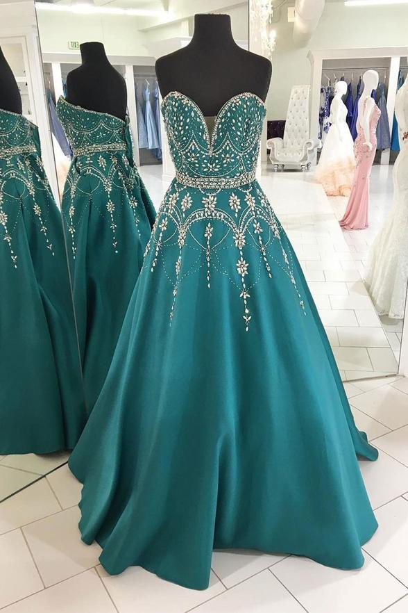 Sweetheart V Neck Emerald Green Satin Beaded Prom Dresses Evening Gowns ...