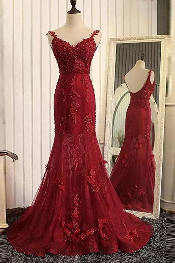 Glamorous Mermaid Spaghetti Ruched Burgundy Train Prom Dress For Female Guests