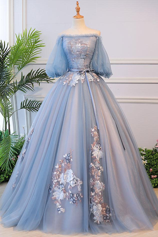 Victorian Vintage Style Long Dusty Blue Evening Dress ,pl0472