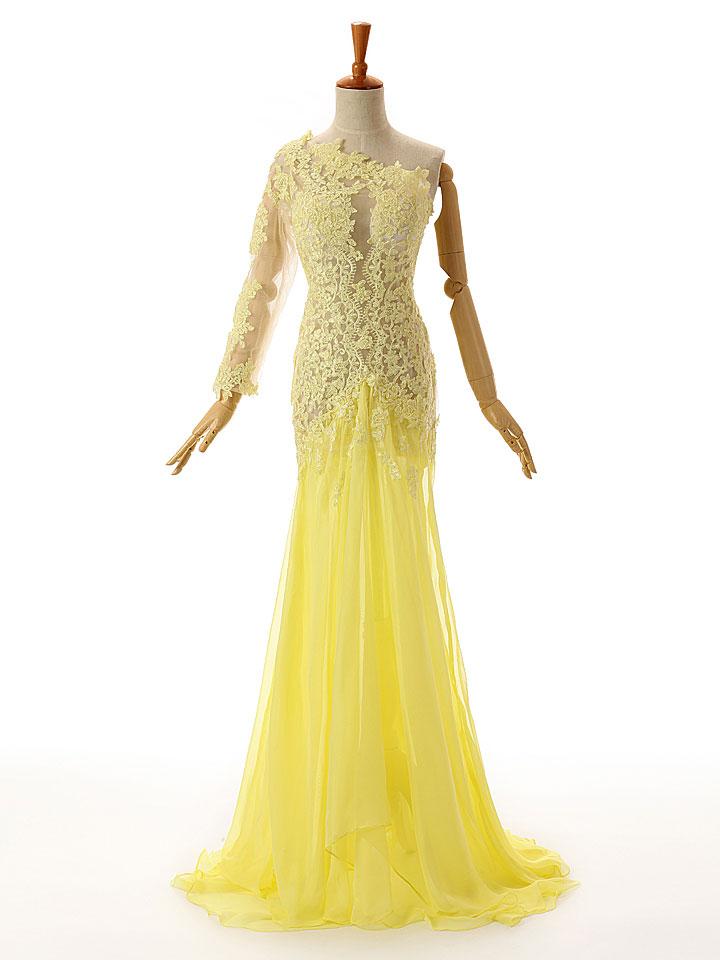 Yellow One Shoulder Lace Formal Prom Evening Dress,pl0478