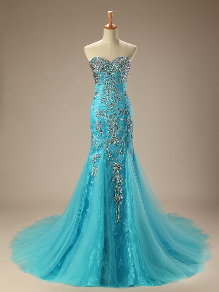 Turquoise Jeweled Lace Mermaid Formal Evening Dress,pl0479