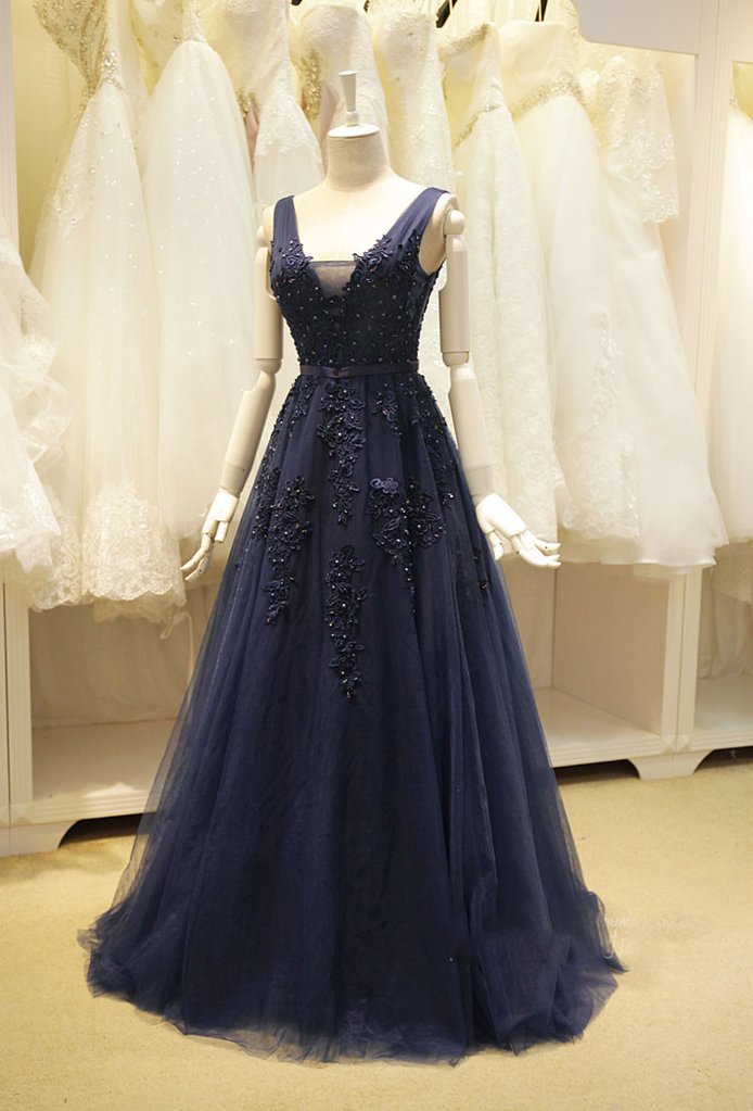 Elegant Velvet Bodice Tulle Long Formal Dress, Navy Blue Party Dress
