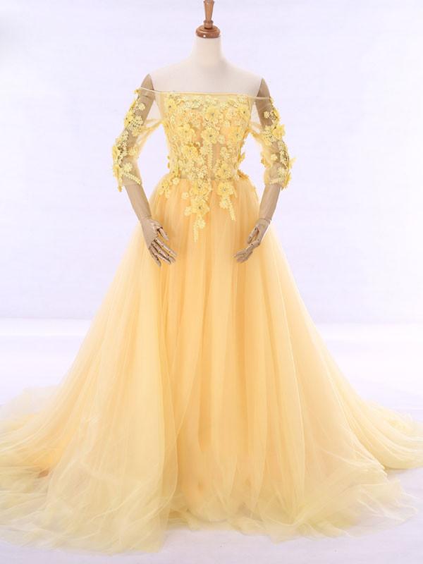 Yellow Off Shoulder Formal Evening Gown With Daisy Flowers,pl0500