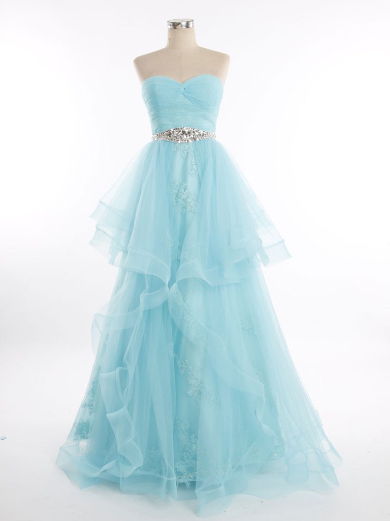 Blue Strapless Tulle Lace Prom Formal Pageant Dress,pl0512