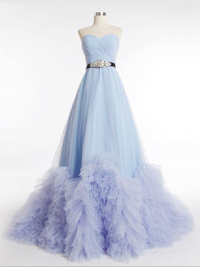 Strapless Sky Blue Tulle A-line Princess Formal Evening Dress,pl0535