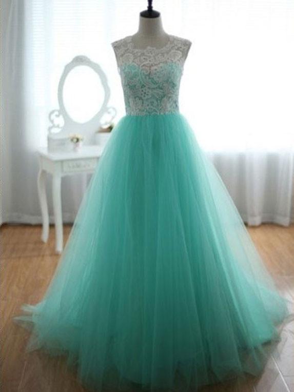 Turquoise Modest Lace Tulle Formal Prom Evening Dress,pl0539