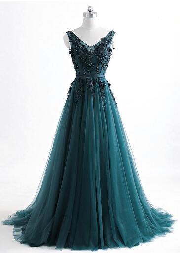 Romantic V Neck Green Lace Appliques Tulle Long Prom Dress,pl0551