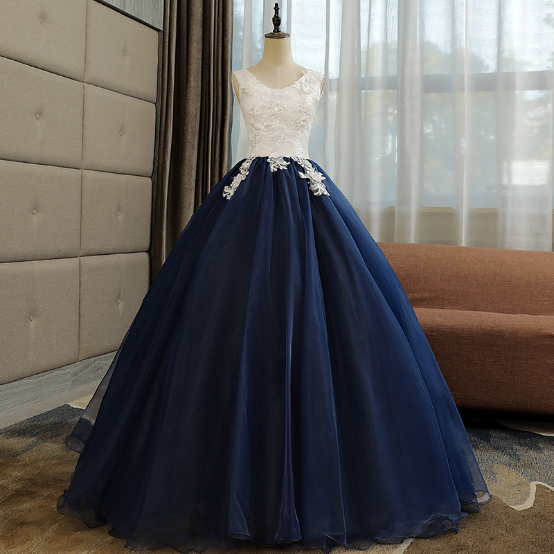 Beautiful Navy Blue Ball Gown Sweet 16 Dress With White Top, Long Formal Dress ,pl0580