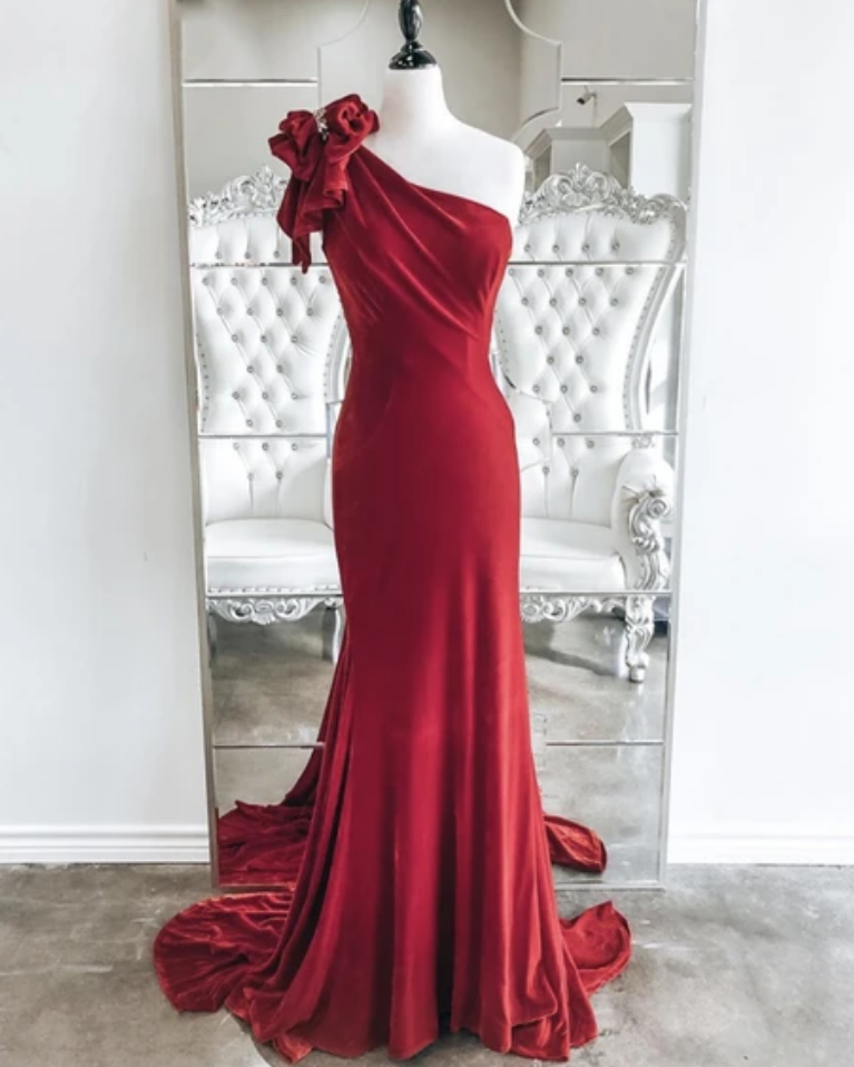 Velvet Long Prom Dress One Shoulder Evening Dress,pl0596