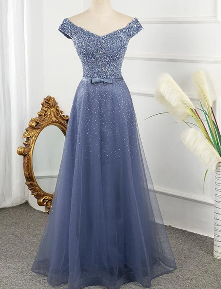 Tulle Sequins Cap Sleeves Long Party Dress, Floor Length Prom Dress,pl0599