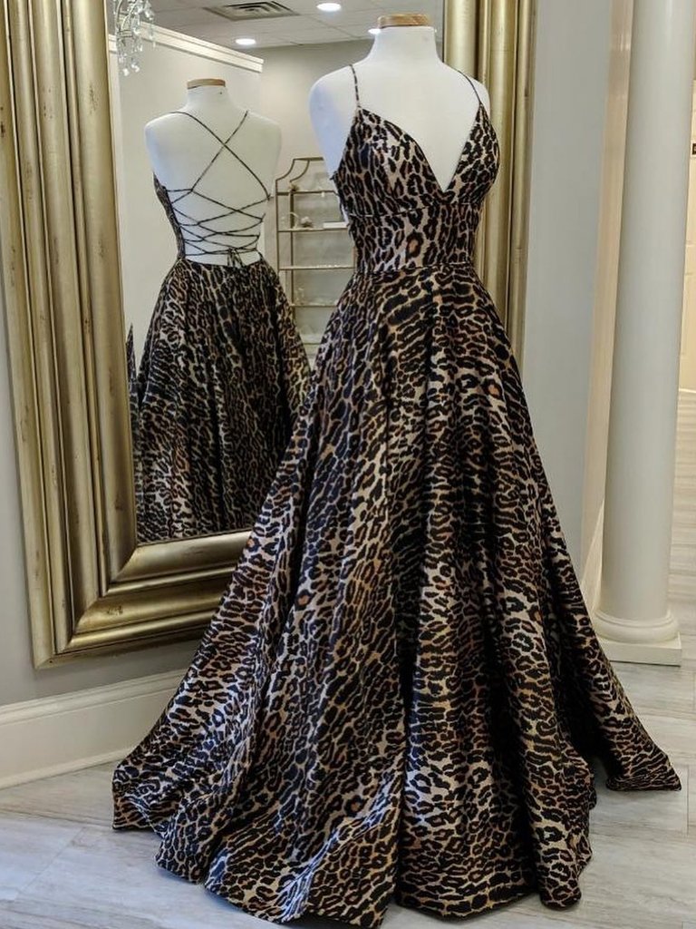 Unique Leopard Spaghetti Straps Prom Dresses A-line Evening Dresses,pl0602