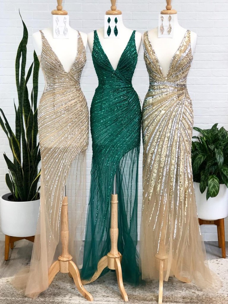Shining Sequins Tulle V-neck Backless Sheath Prom Dress，pl0609