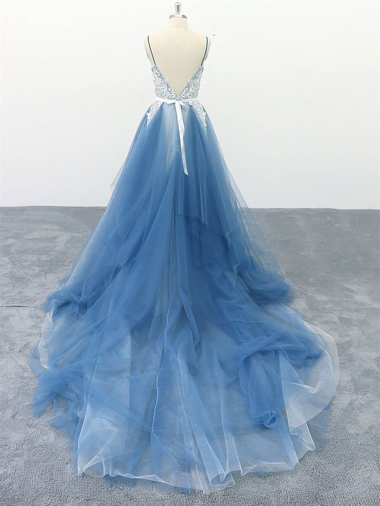 Women's Lace Applique Prom Dresses Long Spaghetti Straps Tulle Formal Evening Party Gowns Y752 main image 1