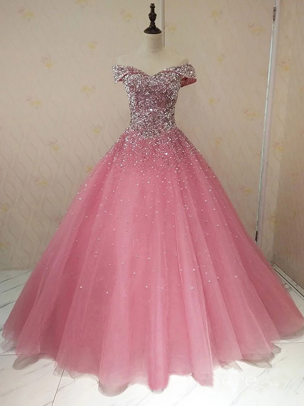Ball Gown Off-the-shoulder Pink Sparkly Prom Dress Beaded Evening Dress ,pl0648