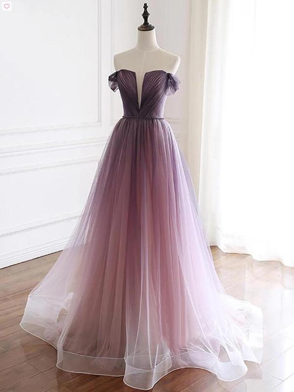 Ombre Off The Shoulder Prom Dress A Line Tulle Prom Dress,pl0656