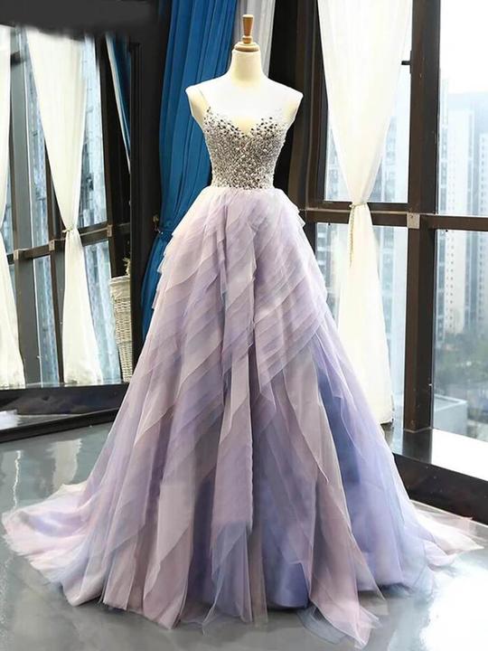 Chic Ombre Prom Dress A Line Tulle Beading Prom Dress,pl0658