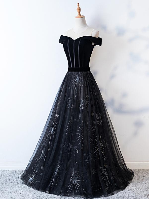 Chic Black Prom Dress Lace Short Sleeve Prom Dress,pl0683
