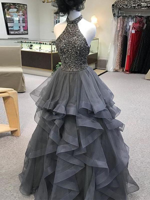 A Line Prom Dress High Neck Silver Long Prom Dress,pl0714