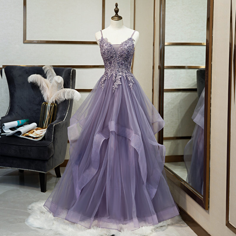 Spaghetti Straps Appliqued Lavender Long Prom Dress,pl0739