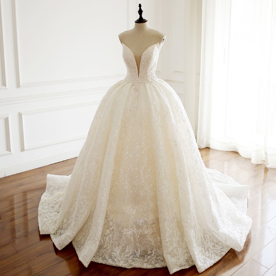 Gorgeous Strapless Sequin Lace Wedding Dress,pl0746