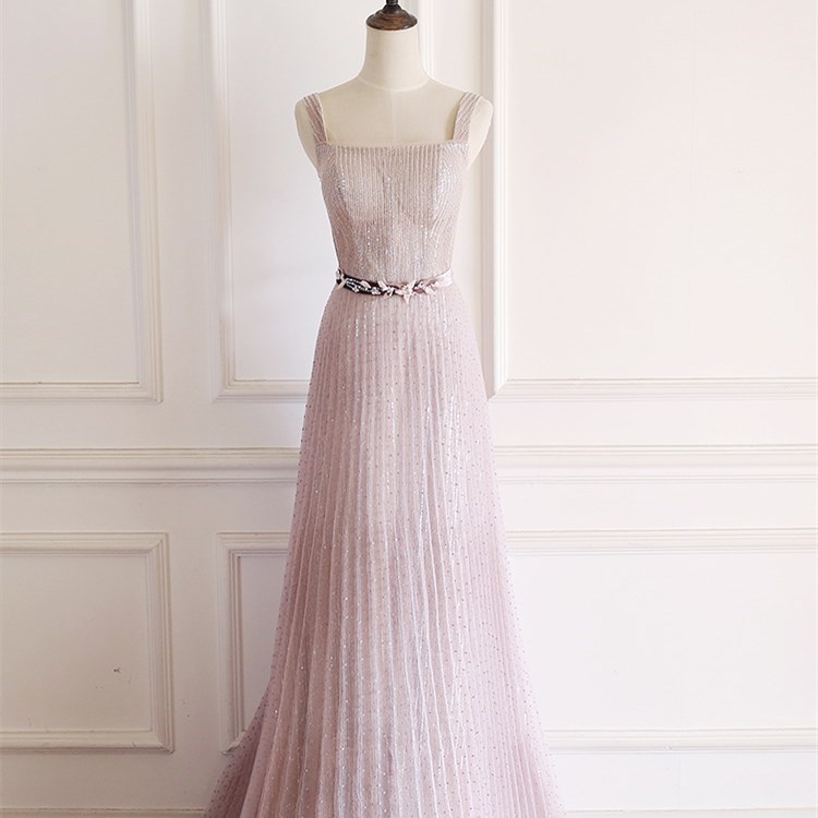 Light Lavender Square Neck Sequins Long Formal Dress With Belt,pl0748