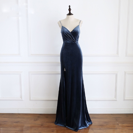 Mermaid V-neck Ink Blue Velvet Long Prom Dress,pl0750