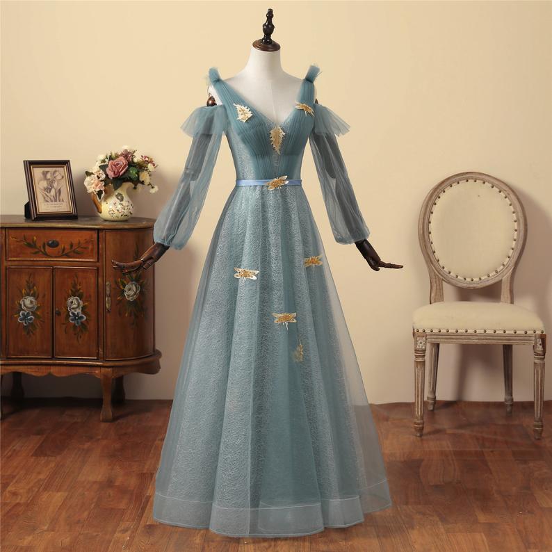Dusty Blue Lace Appliqued Tulle Long Prom Dress,pl0767