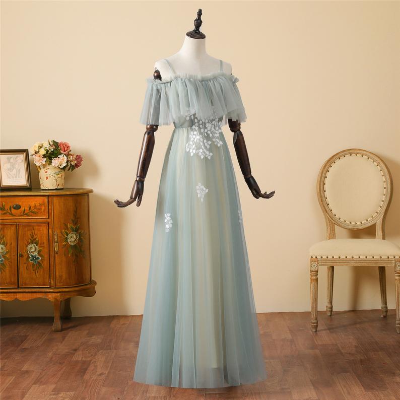 Dusty Blue Lace Appliqued Tulle Long Prom Dress,pl0773