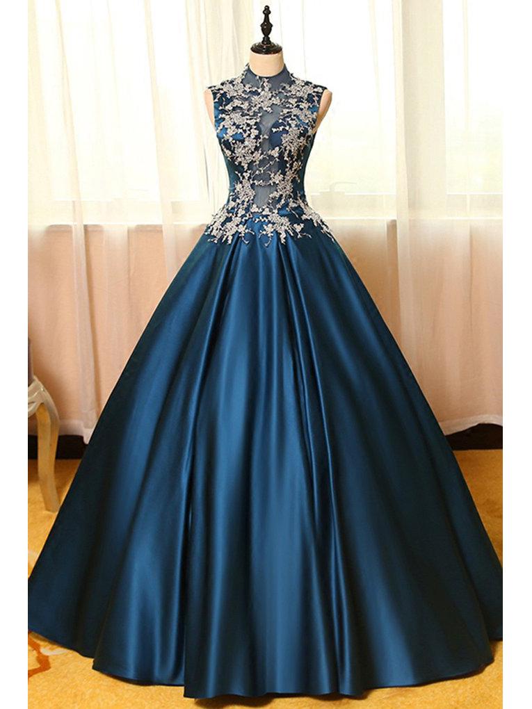 Ball Gown High Neck Floor-length Sleeveless Elastic Woven Satin Prom Dress/evening Dress,pl0813