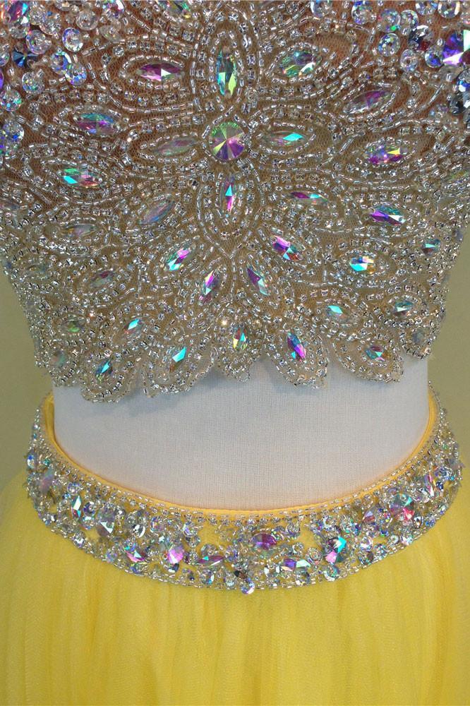 A-Line/Elegant Sleeveless V-neck Floor-Length Rhinestone Tulle Prom Dresses
