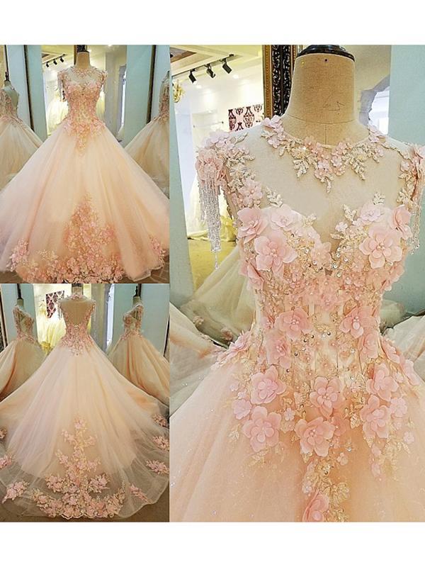 Ball Gown Wedding Dress Brush Train Pink Wedding Dress,pl0852