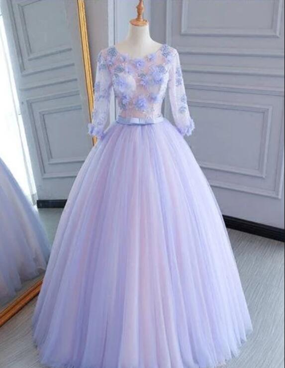 Unique Lavender Tulle Mid Sleeve Long A-line Lace Appliqué Prom Dress, Evening Dress,pl0889