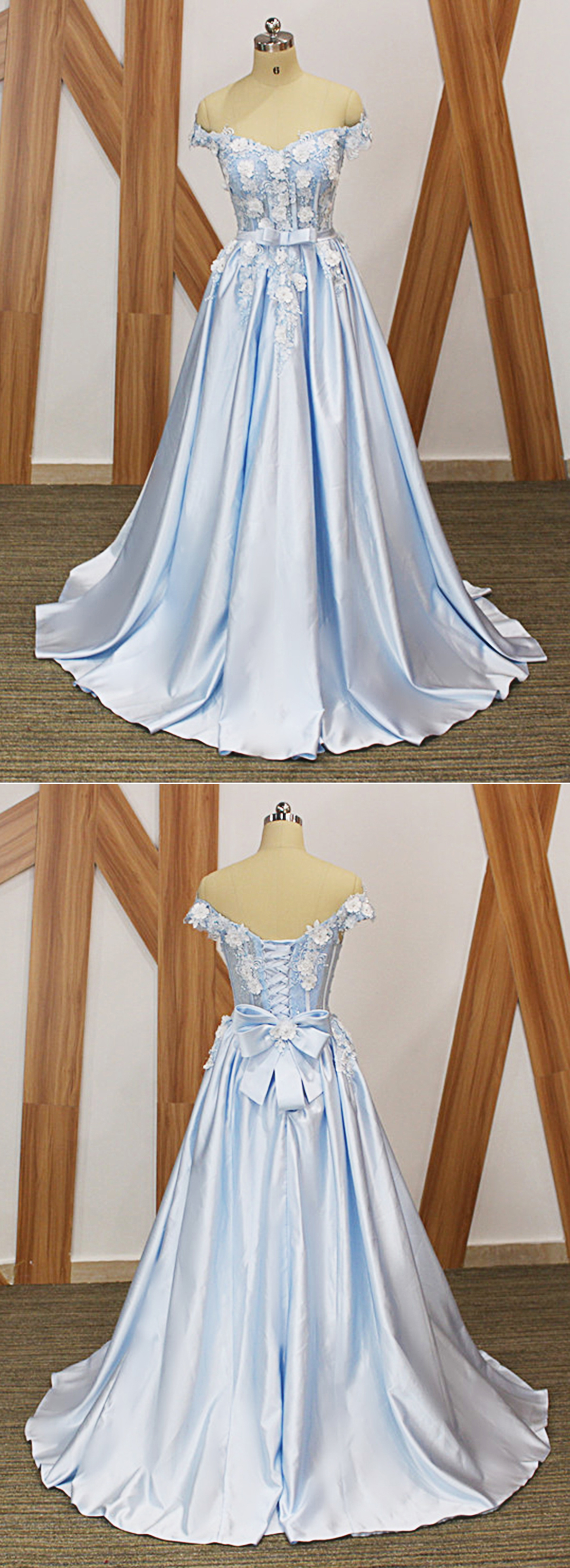 Baby Blue Satin Off Shoulder Long Sweetheart Senior Prom Dress With Applique,pl0899
