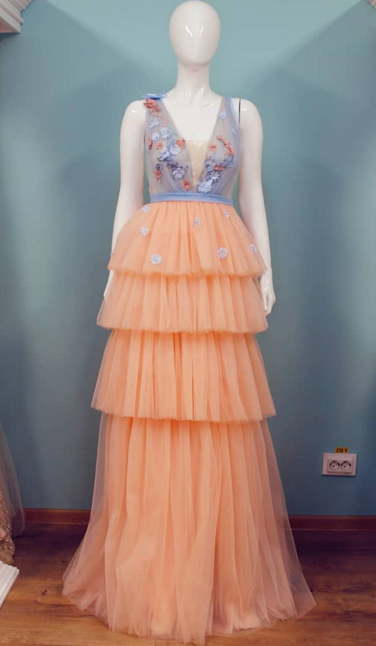V Neck Peach Skirt Long Prom Dresses,pl0925