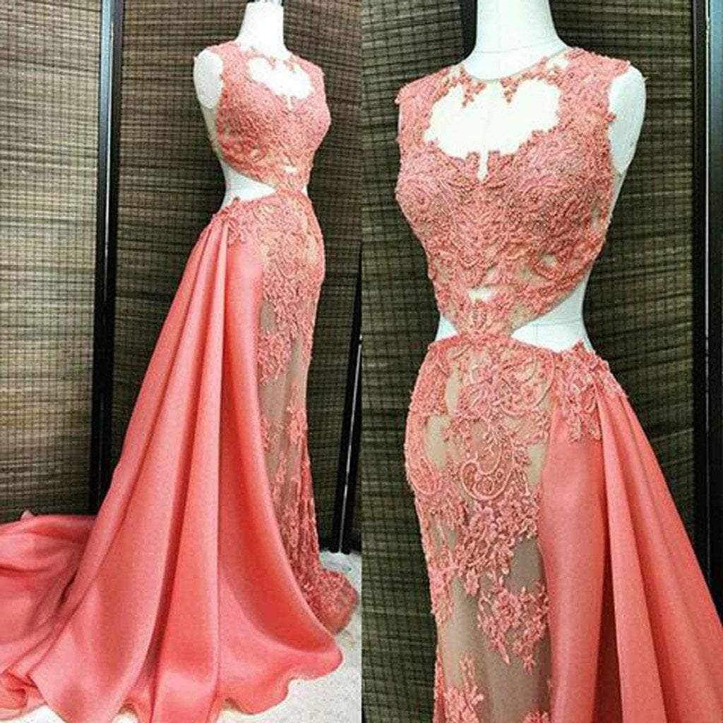 Coral Lace Beaded See Through Long A-line Satin Long Prom Dresses,pl0926