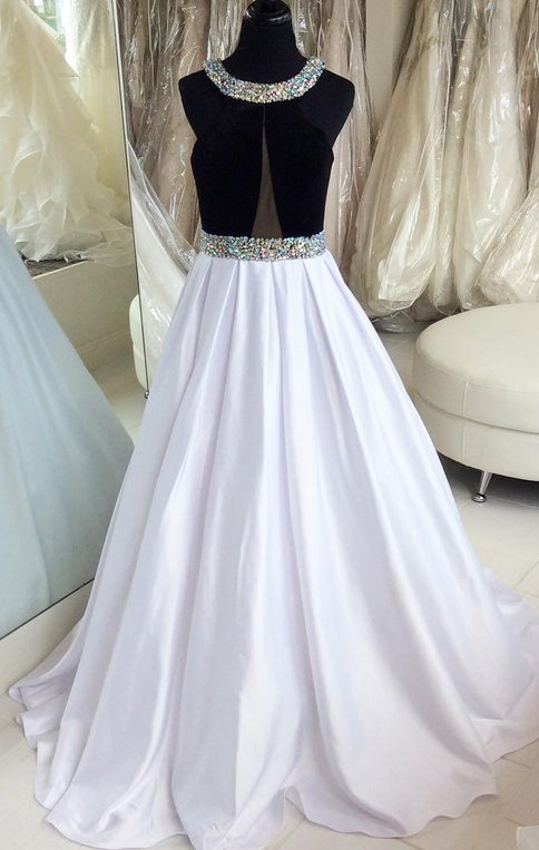 Black And White Satin Long Evening Dresses ,prom Gowns With Crystals,party Gowns Formal Gowns,pl0927