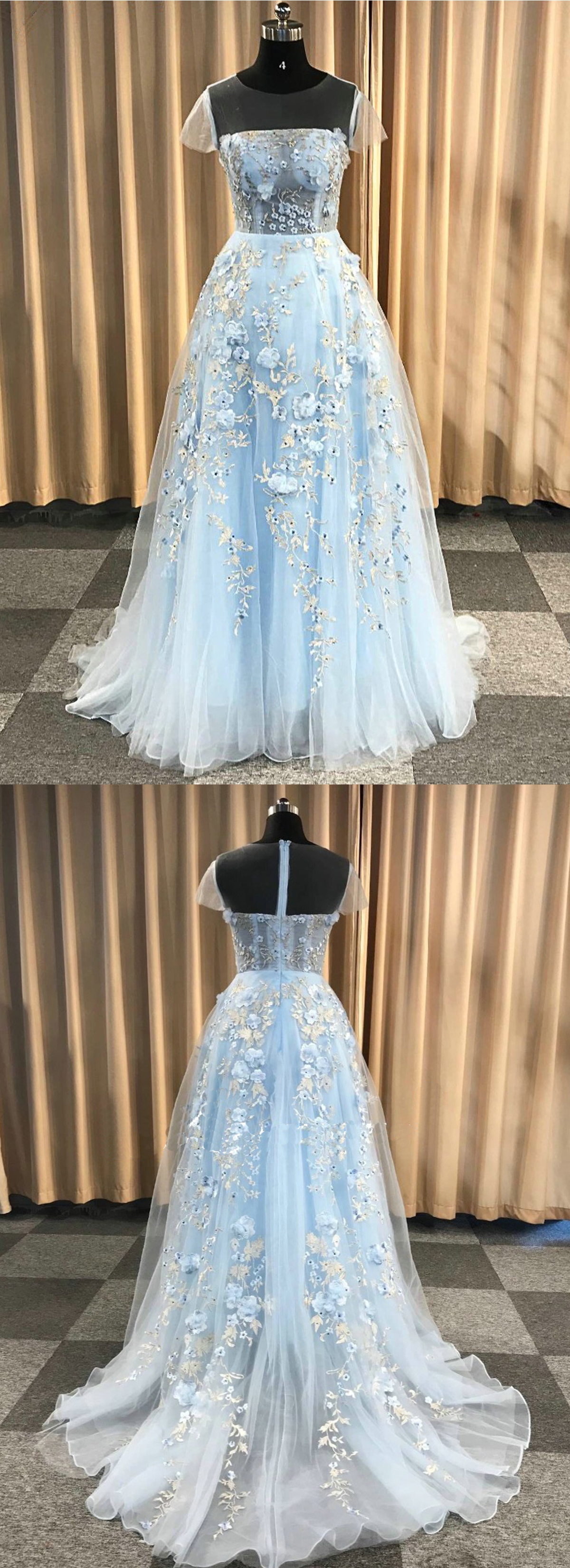Light Blue Flower Lace Short Sleeve Long Pageant Prom Dress,pl0928