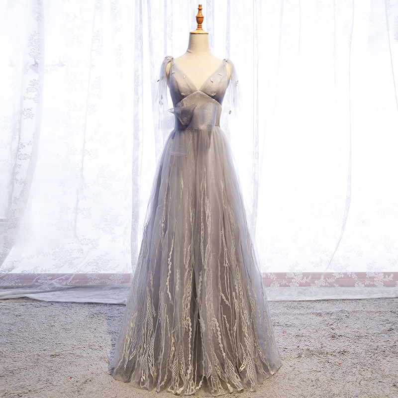 Gray V Neck Tulle Long Prom Dress Formal Dress,pl0929