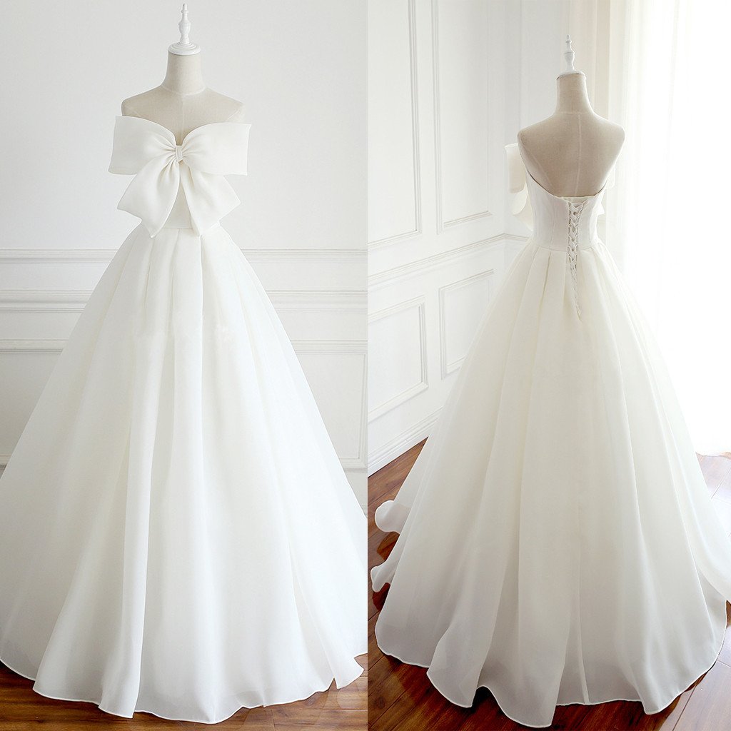 Elegant Big Bows White Wedding Dress Long Evening Prom Dresses With Bows Wedding Party Birthday Dresses,pl0941