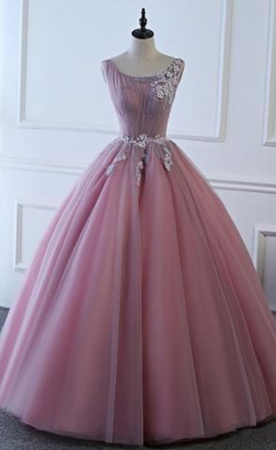 Elegant Pink Round Neck Tulle Long Prom Dress, Charming Custom Made Evening Dresses,pl0960