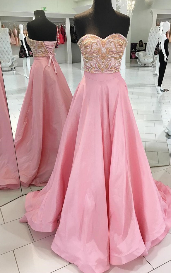 Sweetheart Pink Satin Beaded Customize Long Sweet 16 Prom Dress,pl0965