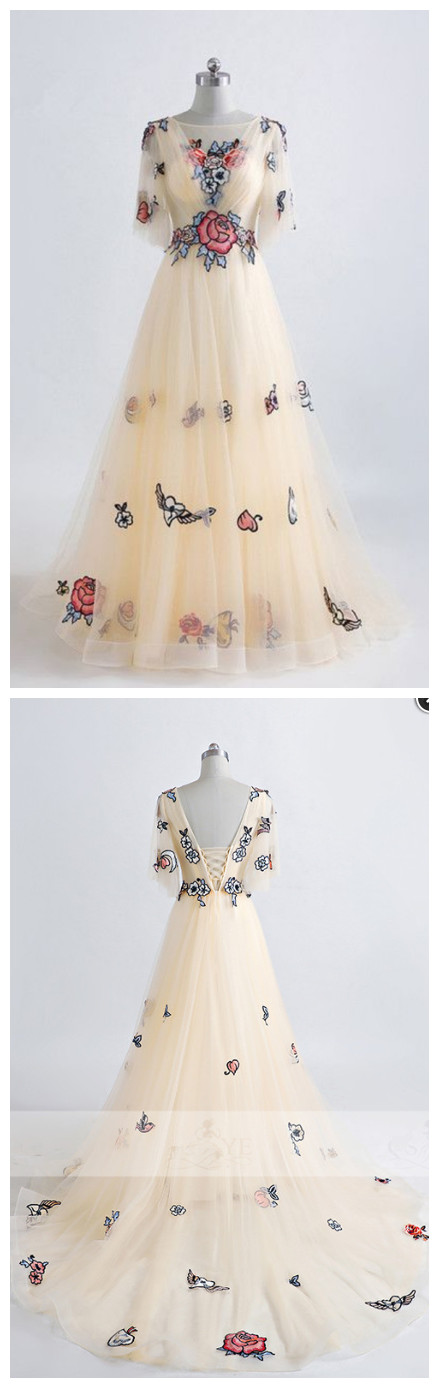 Champagne Floral Print Lace Appliques Floor Length Prom Dress,pl0990