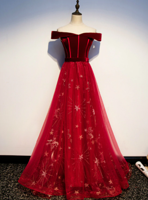 Burgundy Tulle Velvet Off the Shoulder Prom Dress,PL1003
