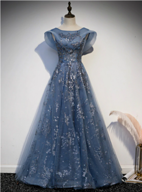 Blue Tulle Sequins Cap Sleeve Scoop Prom Dress,pl1020