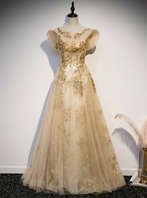 Gold Tulle Sequins Cap Sleeve Scoop Prom Dress,pl1021