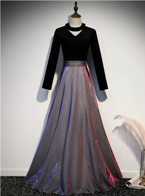 A-line Black Long Sleeve Velvet Prom Dress,pl1024