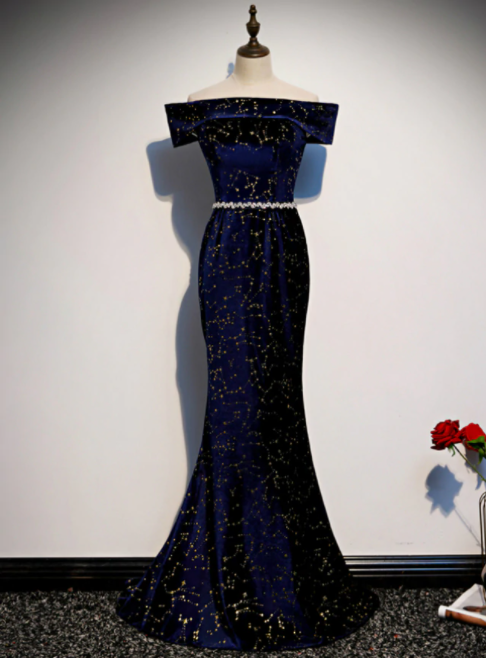 Navy Blue Mermaid Velvet Off the Shoulder Beading Prom Dress,PL1026